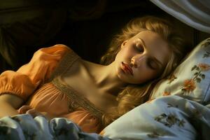 Jeune magnifique femme en train de dormir dans lit à maison. produire ai photo