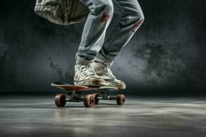 patineur portant patins sur gris Contexte. produire ai photo