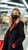 femme dans une médical protecteur visage masque avec noir robe en portant achats Sacs dans le centre commercial, corona virus, noir Vendredi concept ai généré photo