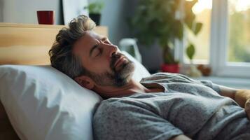 homme mensonge dans chambre avec une bien sommeil comme en bonne santé et bien étant concept ai généré photo