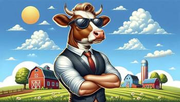 une élégant vache, ses fourrure brillant et soigné, portant branché des lunettes de soleil et frappant une cool pose, ensemble contre une vibrant ferme toile de fond avec une bleu ciel et duveteux des nuages. ai génératif photo