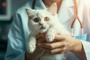 expérimenté vétérinaire mains contagieux chat. produire ai photo