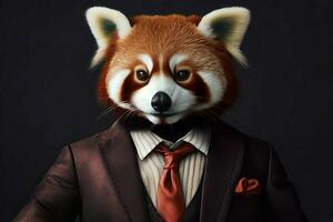 anthropomorphe rouge Panda habillé costume style. produire ai photo