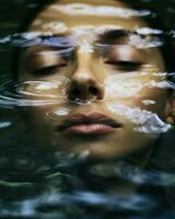 minimaliste la photographie capture le tranquillité de une femme submergé dans l'eau avec sa yeux fermé.. génératif ai photo