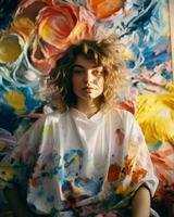 une femme permanent avant une peint ouvrages d'art, orné avec éclaboussures de vibrant couleurs.. génératif ai photo