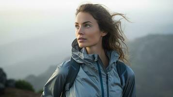 une contemplatif femme respiration dans le Frais Montagne air. une majestueux Montagne intervalle avec Matin brume.. génératif ai photo