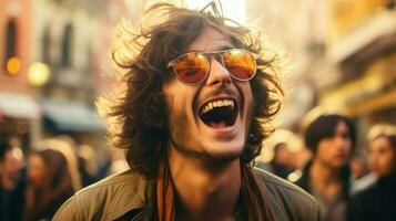 homme dans des lunettes de soleil en riant avec exubérance, dans un Extérieur paramètre.. génératif ai photo