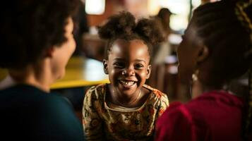 peu africain américain fille séance à travers de sa parents. génératif ai photo