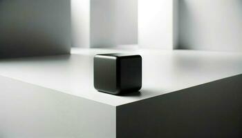 une noir cube dans une minimaliste blanc chambre. génératif ai photo