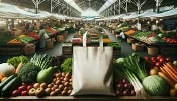 large photo de Vide biologique produire sac en bonne place affiché dans le premier plan, mettant en valeur une marché vert et Terre marron Couleur schème.. génératif ai