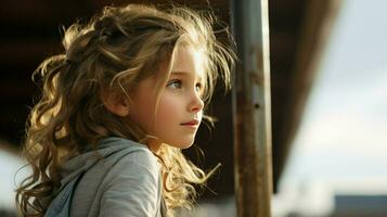 fermer portrait de une Jeune fille avec ondulé cheveux, à la recherche de à le côté.. génératif ai photo