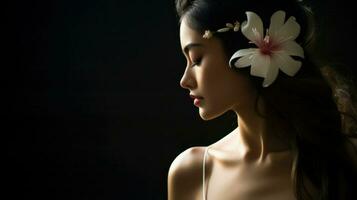 asiatique Jeune femme avec une fleur agrafe dans sa cheveux. génératif ai photo