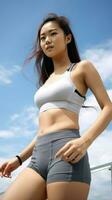 Jeune asiatique magnifique sportif femme dans short Jeune asiatique beauté bas coup photo. génératif ai photo