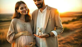 dans une fermer tir, une couple vivement en attente leur de bébé arrivée des stands côté par côté.. génératif ai photo