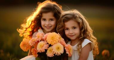 deux peu les filles avec fleurs, partage une moment.. génératif ai photo