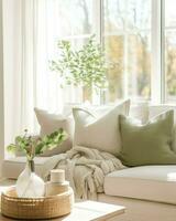 une minimaliste la photographie de une blanc canapé, accentué par doux oreillers et complété par une Facile café tableau.. génératif ai photo