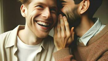 un la personne chuchotement dans leur les partenaires oreille, tous les deux avec embrasé des sourires.. génératif ai photo