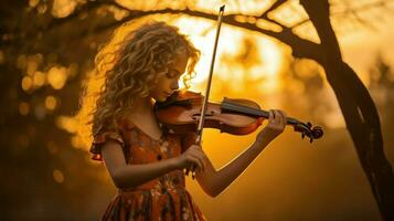 Jeune fille en jouant violon dans la nature à le coucher du soleil. génératif ai photo