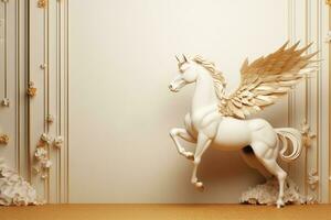 ai généré sculpture de une cheval avec d'or ailes sur blanc photo