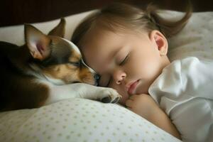 bébé fille sommeil avec chien animal de compagnie. produire ai photo