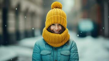 fille dans une Jaune veste et bonnet, gaiement souriant en plein air.. génératif ai photo