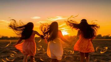 Trois les filles avec écoulement cheveux, dansant dans un ouvert champ pendant coucher de soleil.. génératif ai photo