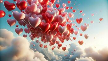 une grappe de rouge et rose des ballons en forme de comme cœurs flottant contre une clair bleu ciel.. génératif ai photo