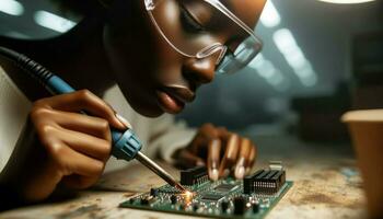 fermer de une femme avec foncé peau, portant sécurité des lunettes de protection, méticuleusement soudure une circuit planche dans une bien éclairé espace de travail.. génératif ai photo