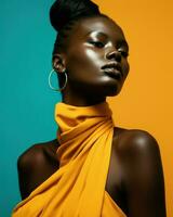 africain femme avec vibrant maquillage et élégant des boucles d'oreilles, rayonnant beauté et la grâce.. génératif ai photo