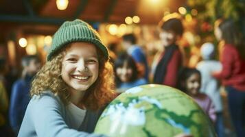 adolescent fille avec frisé rouge cheveux et croisillons, souriant tandis que à la recherche à une globe.. génératif ai photo