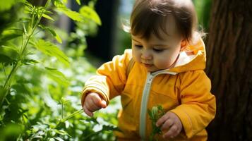bambin dans une Jaune veste en jouant avec les plantes en plein air.. génératif ai photo