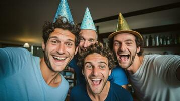 une groupe de Masculin copains faire la fête. génératif ai photo