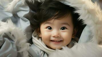 asiatique bébé garçon avec une effronté sourire, enveloppé dans une blanc couverture.. génératif ai photo