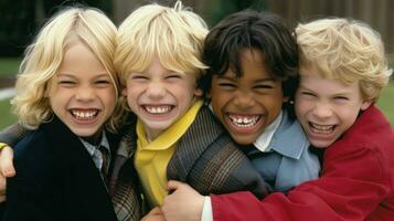 groupes de diverse les enfants en riant et étreindre chaque autre représenter enfance amitiés et joie.. génératif ai photo