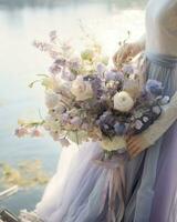 la mariée en portant bouquet de fleurs sur sa mariage jour.. génératif ai photo