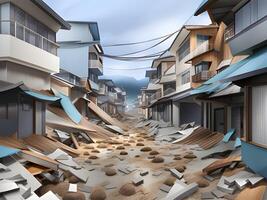 3d illustration de le ville de le tremblement de terre, tsunami attaque ville photo