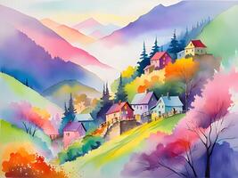 aquarelle La peinture de Montagne village paysage photo