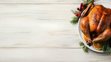 une délicieux rôti dinde avec Orange et Romarin garnir sur une blanc table photo