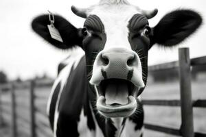 monochrome portrait de une curieuse vache ai généré photo