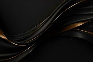 noir abstrait ondulé Contexte avec d'or lignes. 3d rendre illustration, luxueux noir ligne arrière-plan, ai généré photo