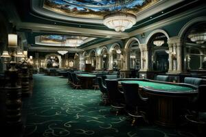 luxe casino intérieur avec roulette table et noir chaises, luxueux vide casino, ai généré photo