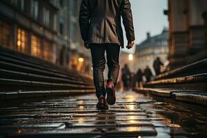 proche en haut Jeune homme d'affaire pieds sprint en haut escaliers Bureau milieu image. génératif ai photo