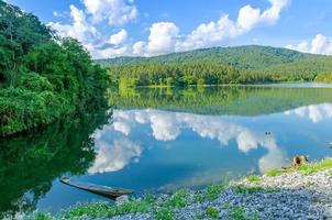 paysage du barrage et du lac sur la montagne avec arbre et forêt. photo