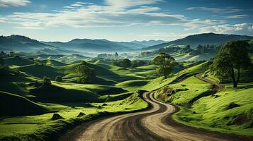 Frais vert paysage avec ciel et collines et montagnes , ai généré photo