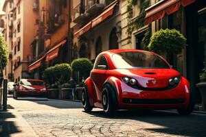 petit rouge voiture sur le rue. mini mobilité. ai généré photo