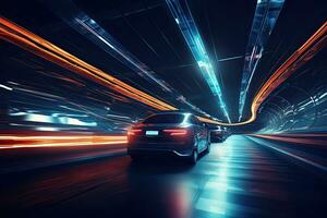 voiture sur le route avec mouvement brouiller Contexte. concept de vitesse, souterrain tunnel avec en mouvement voitures à nuit. vue de dessous, ai généré photo