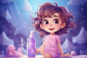 peu fille avec bouteille avec enfants peau se soucier produits de beauté dans dessin animé style. bébé peau se soucier. généré par artificiel intelligence photo