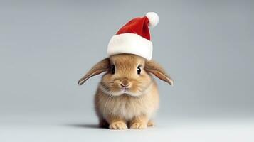 mignonne lapin avec Noël chapeau isolé sur le minimaliste Contexte photo