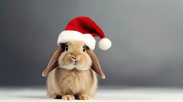 mignonne lapin avec Noël chapeau isolé sur le minimaliste Contexte photo