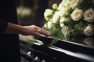 fermer de une femme main placement une bouquet de blanc des roses dans une cercueil.funérailles concept ai généré photo